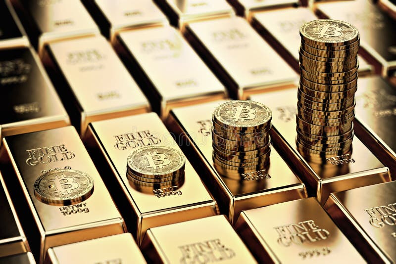 Mucchi di Bitcoin sulle file dei lingotti dell'oro delle barre di oro Bitcoin continua crescere ed è desiderabile quanto il conce illustrazione vettoriale Mucchi di Bitcoin sulle file dei lingotti dell'oro delle barre di oro Bitcoin continua crescere ed è desiderabile quanto il conce illustrazione vettoriale