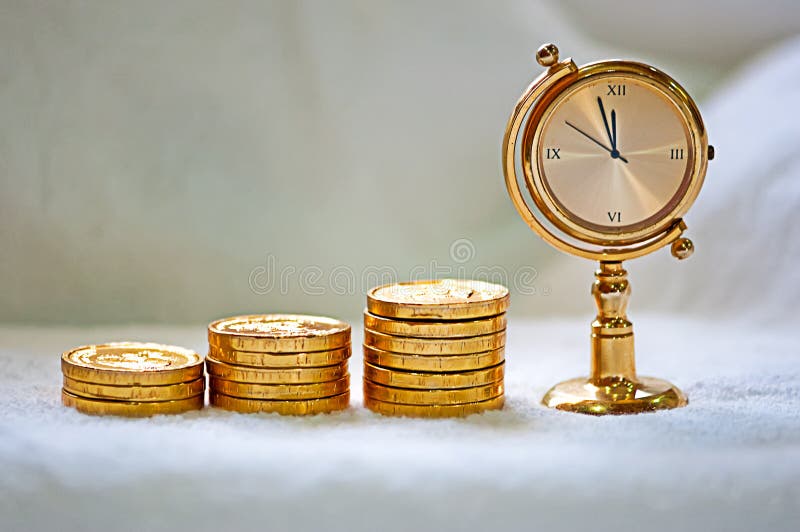 Closeup of a rising heaps of gold coins depicting increasing bar graph led by a golden clock. Closeup of a rising heaps of gold coins depicting increasing bar graph led by a golden clock
