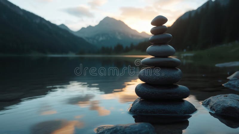 Mucchio di pietre congelate che bilanciano in acqua con catrame di montagna al tramonto. Bilanciare pietre in un lago al tramonto creando uno stato d'animo pacifico e rilassante generato
