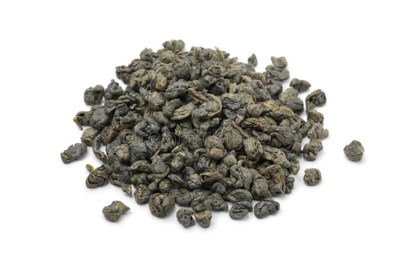 Heap of dried chinese green gunpowder tea isolated on white background. Heap of dried chinese green gunpowder tea isolated on white background