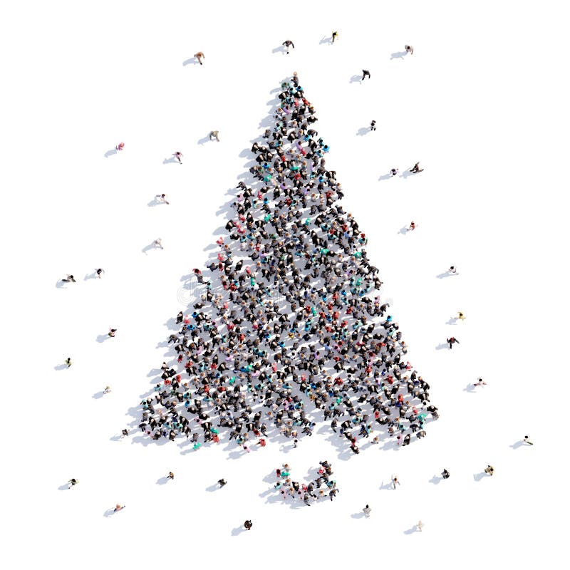Mucha gente forma el árbol de navidad, dibujo del ` s de los niños representación 3d stock de ilustración Mucha gente forma el árbol de navidad, dibujo del ` s de los niños representación 3d stock de ilustración