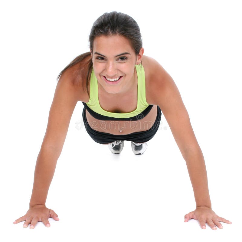 Beautiful dark haired tan teen girl in workout clothes over white doing pushup. Shot with the Canon 20D. Beautiful dark haired tan teen girl in workout clothes over white doing pushup. Shot with the Canon 20D.