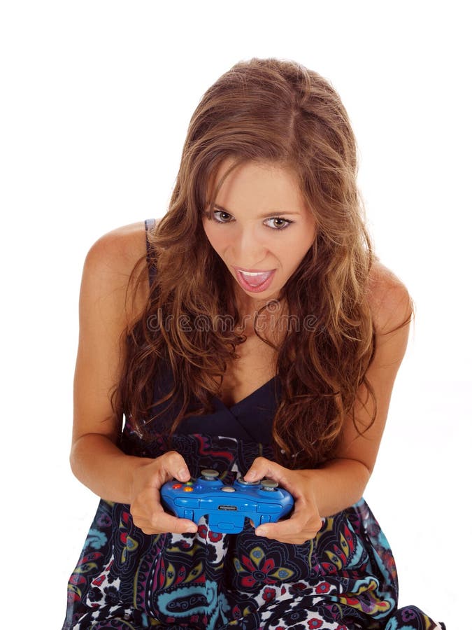 Muchacha adolescente joven con la boca del regulador del juego abierta imagen de archivo Muchacha adolescente joven con la boca del regulador del juego abierta imagen de archivo