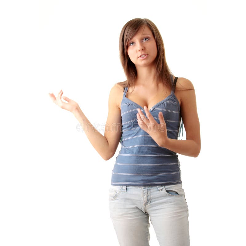 Young teen girl shouting, speaking. Isolated on white background. Young teen girl shouting, speaking. Isolated on white background