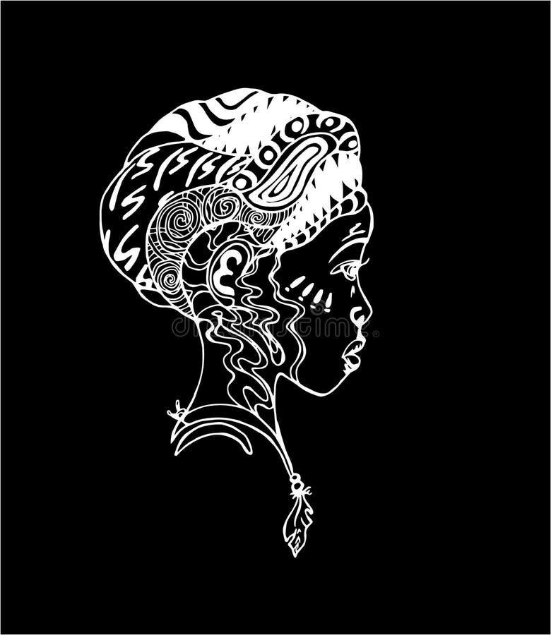 Muchacha africana en perfil Ejemplo del arte del tatuaje Tiza en una pizarra stock de ilustración