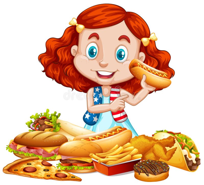 Muchacha americana y comida americana stock de ilustración Muchacha americana y comida americana stock de ilustración