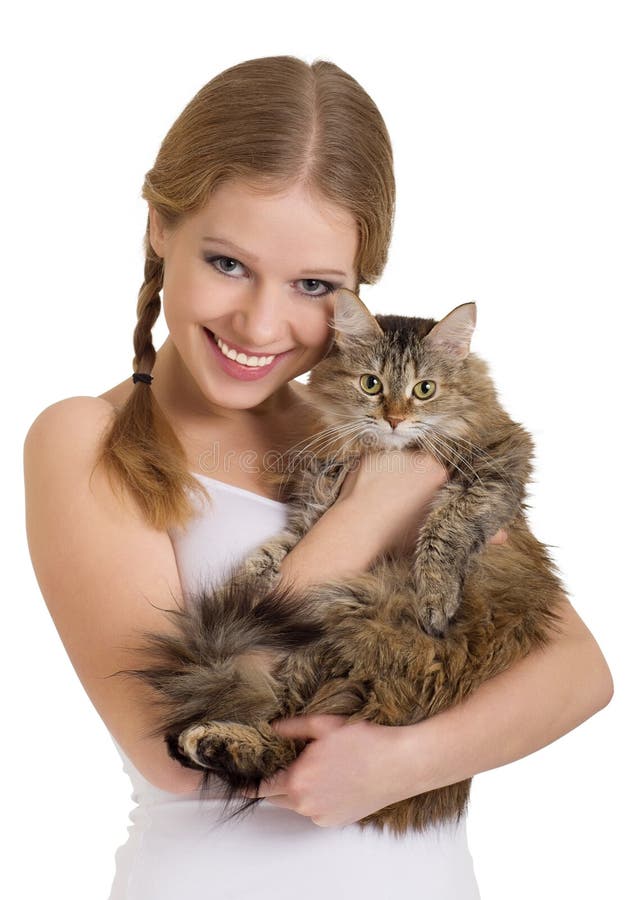 Pretty girl with a fluffy cat on a white background. Pretty girl with a fluffy cat on a white background