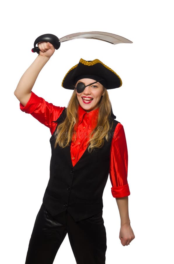 Muchacha bonita del pirata que sostiene la espada fotografía de archivo Muchacha bonita del pirata que sostiene la espada fotografía de archivo