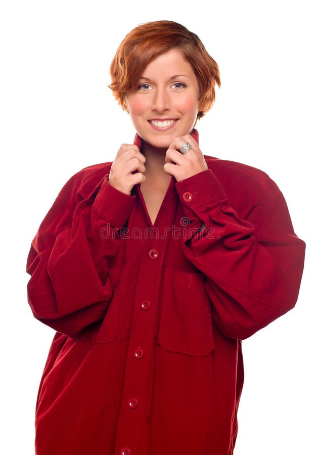 Muchacha bonita que desgasta una camisa roja caliente de la pana fotografía de archivo Muchacha bonita que desgasta una camisa roja caliente de la pana fotografía de archivo