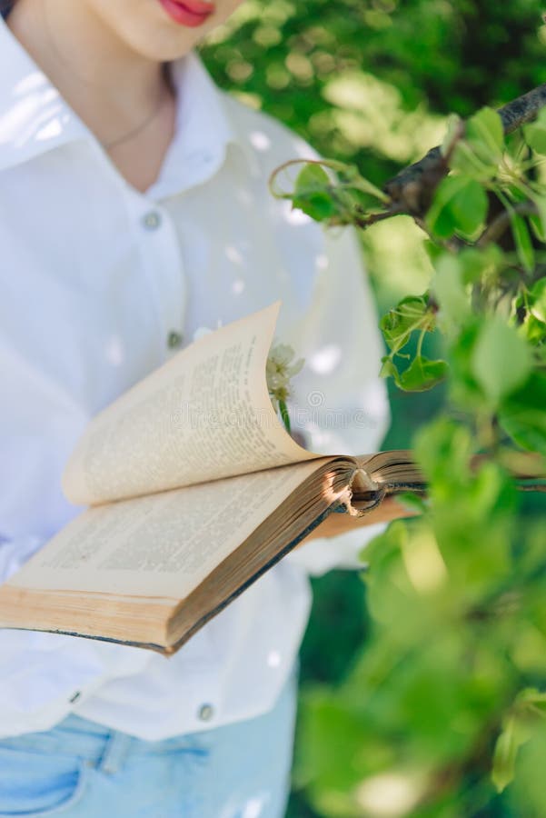 Girl in a white blouse and blue jeans. Stands near a flowering tree and reads a book. Girl in a white blouse and blue jeans. Stands near a flowering tree and reads a book.