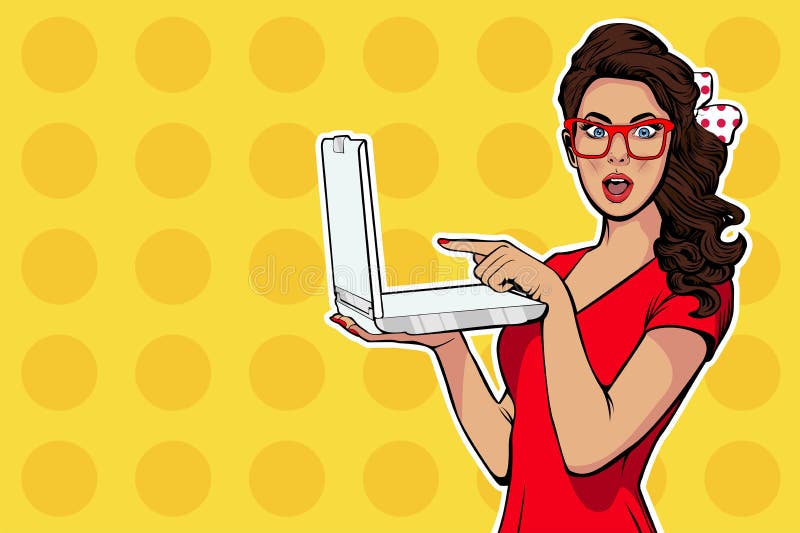 Muchacha con el ordenador portátil en handpointing con el finger en él Anuncio de Digitaces Ciertas noticias o concepto de la ven ilustración del vector