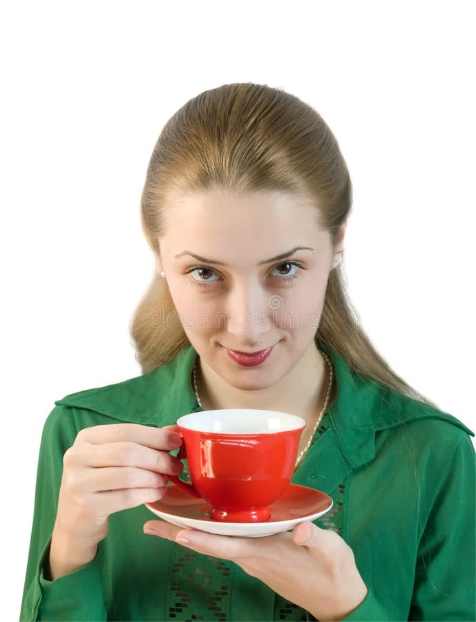 Muchacha con la taza roja fotografía de archivo Muchacha con la taza roja fotografía de archivo