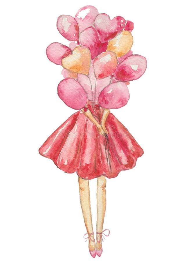 Muchacha con los globos rosados en el fondo blanco ilustración del vector Muchacha con los globos rosados en el fondo blanco ilustración del vector