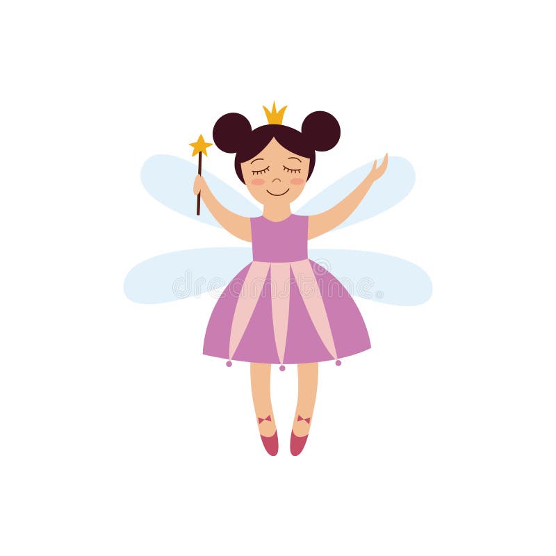 Muchacha de hadas de la fantasía linda en vestido rosado con la corona y el vuelo mágico de la vara con las alas de la libélula ilustración del vector Muchacha de hadas de la fantasía linda en vestido rosado con la corona y el vuelo mágico de la vara con las alas de la libélula ilustración del vector