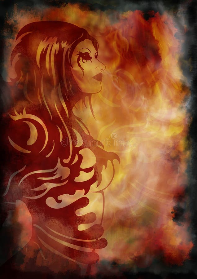 Muchacha de la fantasía en el fondo con el fuego y el humo stock de ilustración Muchacha de la fantasía en el fondo con el fuego y el humo stock de ilustración