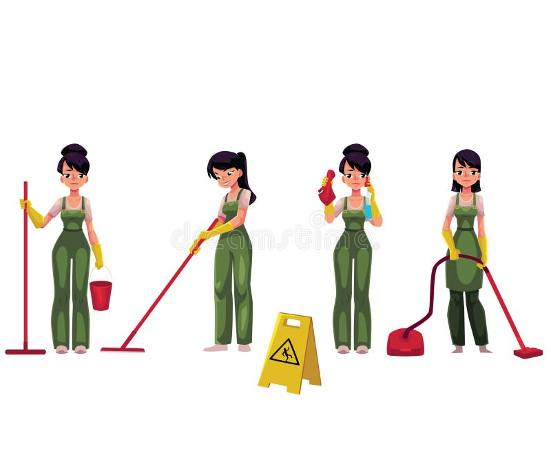 Set of cleaning service girl, charwoman, cleaner in overalls, cartoon vector illustration on white background. Cleaning service girl doing vacuum cleaning, washing, holding mop and bucket. Set of cleaning service girl, charwoman, cleaner in overalls, cartoon vector illustration on white background. Cleaning service girl doing vacuum cleaning, washing, holding mop and bucket