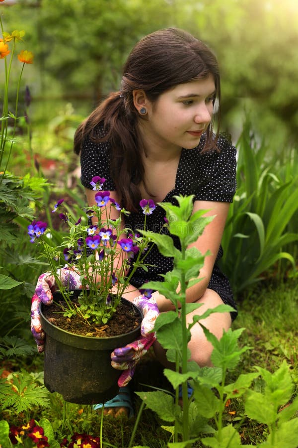 Muchacha del adolescente con el pelo marrón en jardín del diseño del paisaje del vestido con la planta de tiesto imagen de archivo libre de regalías Muchacha del adolescente con el pelo marrón en jardín del diseño del paisaje del vestido con la planta de tiesto imagen de archivo libre de regalías
