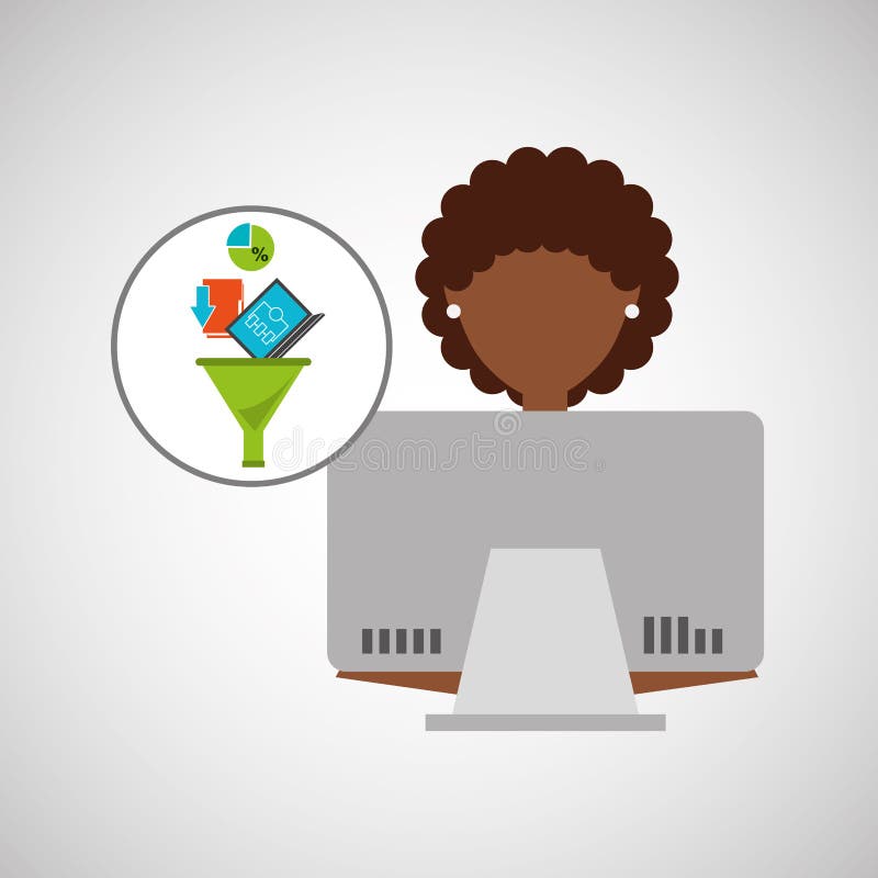 Muchacha del Afro que usa análisis de datos del ordenador ilustración del vector Muchacha del Afro que usa análisis de datos del ordenador ilustración del vector