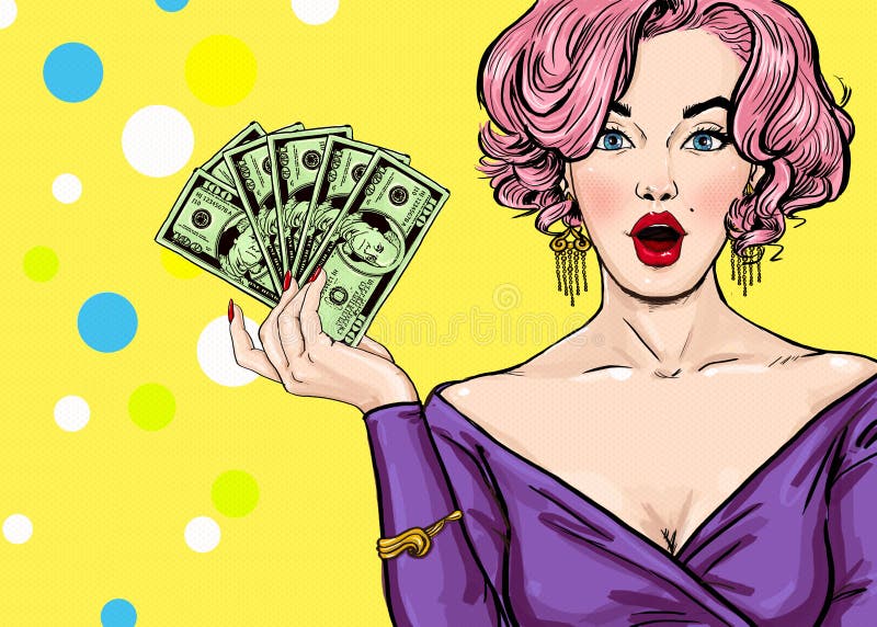 Muchacha del arte pop con el dinero Muchacha del arte pop Tarjeta de felicitación del cumpleaños Estrella de cine de Hollywood Ca stock de ilustración Muchacha del arte pop con el dinero Muchacha del arte pop Tarjeta de felicitación del cumpleaños Estrella de cine de Hollywood Ca stock de ilustración