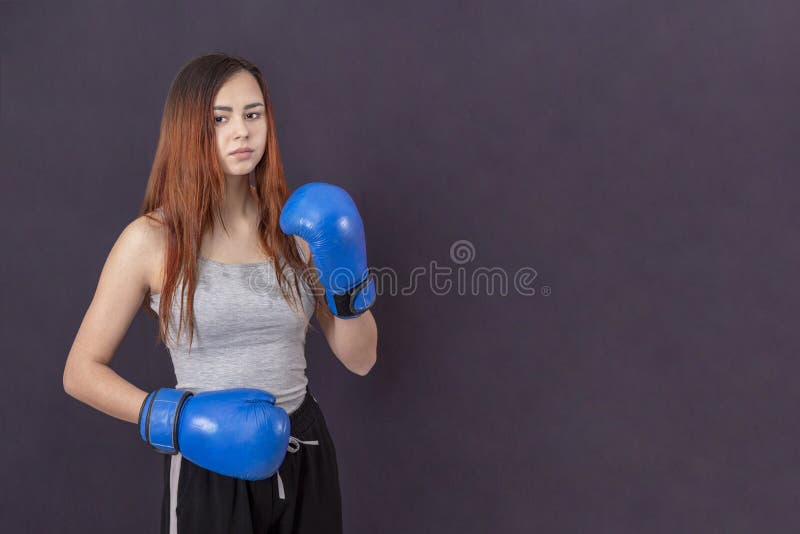 Muchacha del boxeador en guantes de boxeo azules en una camiseta gris en el estante en un fondo gris imagenes de archivo Muchacha del boxeador en guantes de boxeo azules en una camiseta gris en el estante en un fondo gris imagenes de archivo