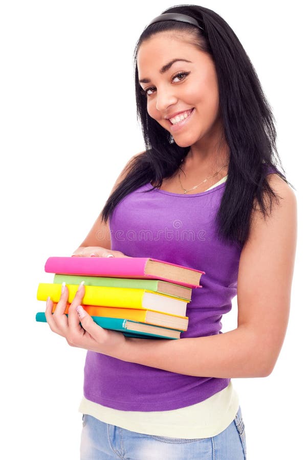 Smiling student girl with color books, isolated on white background. Smiling student girl with color books, isolated on white background