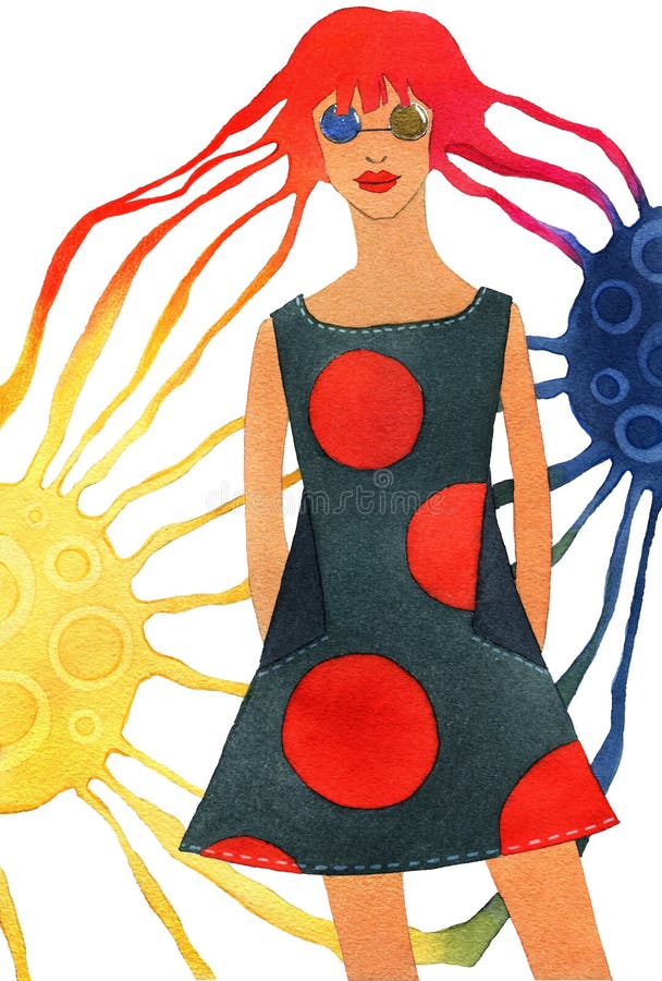 Muchacha del planeta, muchacha con el pelo largo, dando vuelta en los haces de las dos lunas de cuerpos ilustración del vector Muchacha del planeta, muchacha con el pelo largo, dando vuelta en los haces de las dos lunas de cuerpos ilustración del vector