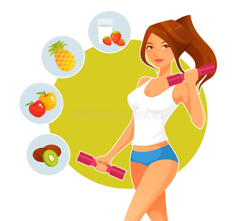 Muchacha deportiva de la historieta con pesas de gimnasia ilustración del vector Muchacha deportiva de la historieta con pesas de gimnasia ilustración del vector