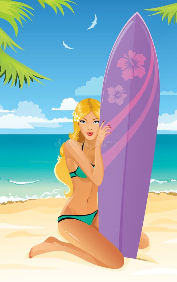 Muchacha deportiva de la persona que practica surf en una playa libre illustration Muchacha deportiva de la persona que practica surf en una playa libre illustration