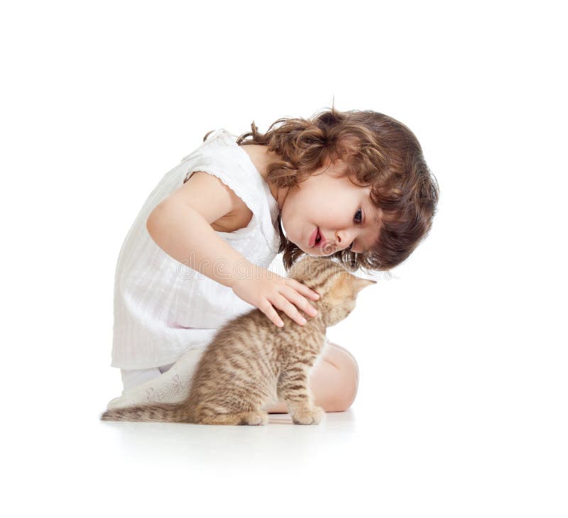 Funny kid girl playing with cat kitten. Funny kid girl playing with cat kitten