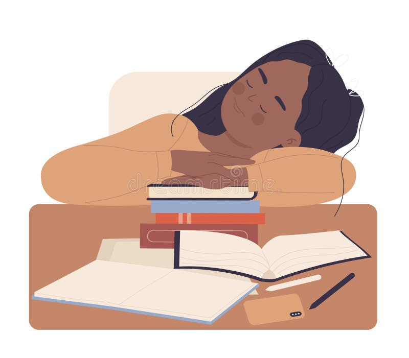  Chica Cansada Estudiando En Casa, Fatiga, Linda Colegiala Durmiendo En Pilas De Libros Stock de ilustración