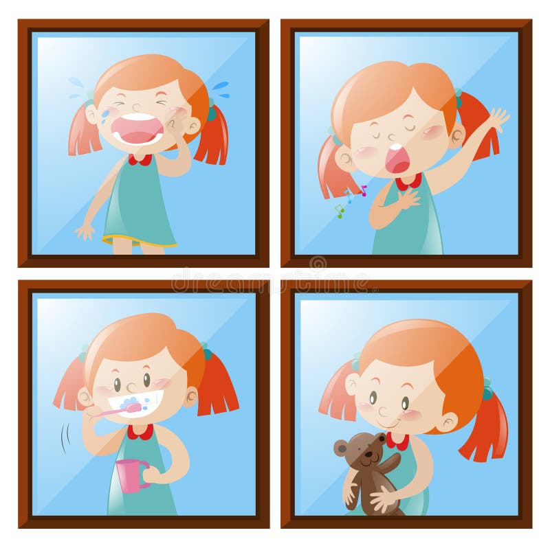 Muchacha en cuatro diversas acciones ilustración del vector Muchacha en cuatro diversas acciones ilustración del vector