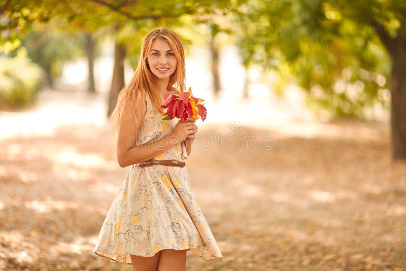 Muchacha en el vestido blanco con las hojas de otoño en manos fotografía de archivo Muchacha en el vestido blanco con las hojas de otoño en manos fotografía de archivo
