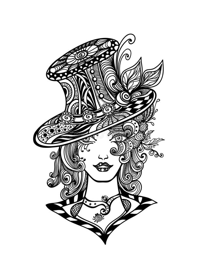Muchacha en sombrero en el Zen-garabato o el Zen-enredo l decorativo negro del estilo en blanco ilustración del vector Muchacha en sombrero en el Zen-garabato o el Zen-enredo l decorativo negro del estilo en blanco ilustración del vector