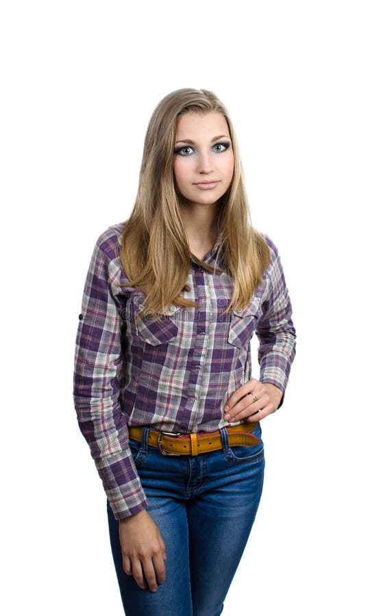 Muchacha en un fondo blanco en camisa de tela escocesa fotografía de archivo libre de regalías Muchacha en un fondo blanco en camisa de tela escocesa fotografía de archivo libre de regalías