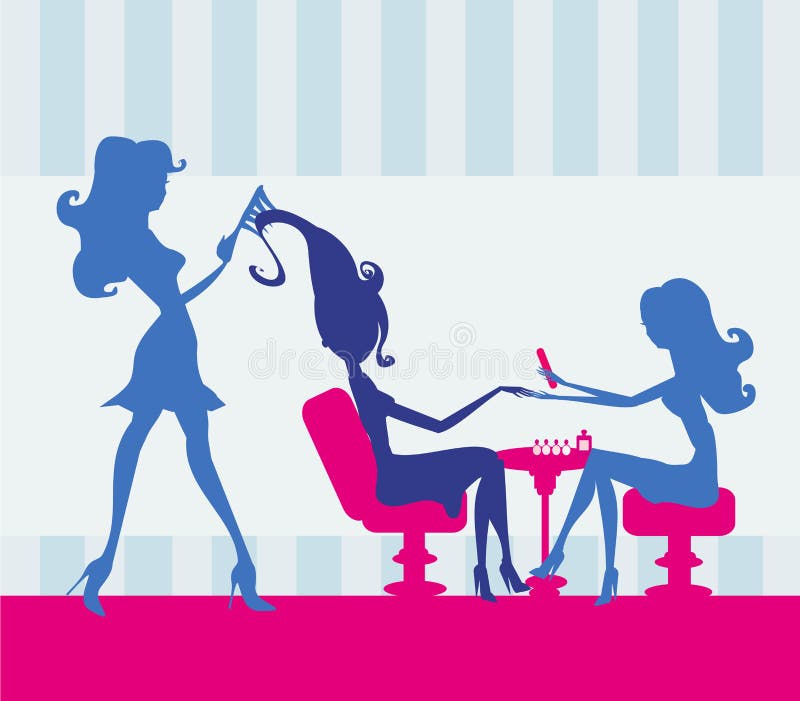 Muchacha en un salón de belleza, una manicura y un peluquero stock de ilustración Muchacha en un salón de belleza, una manicura y un peluquero stock de ilustración
