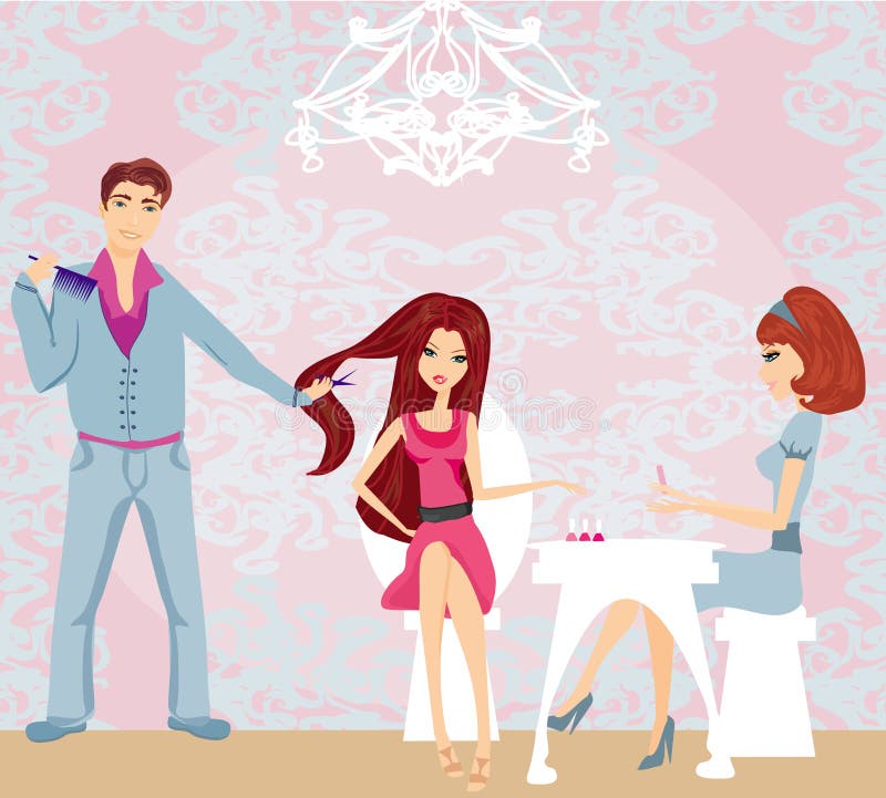 Muchacha en un salón de belleza, una manicura y un peluquero ilustración del vector Muchacha en un salón de belleza, una manicura y un peluquero ilustración del vector