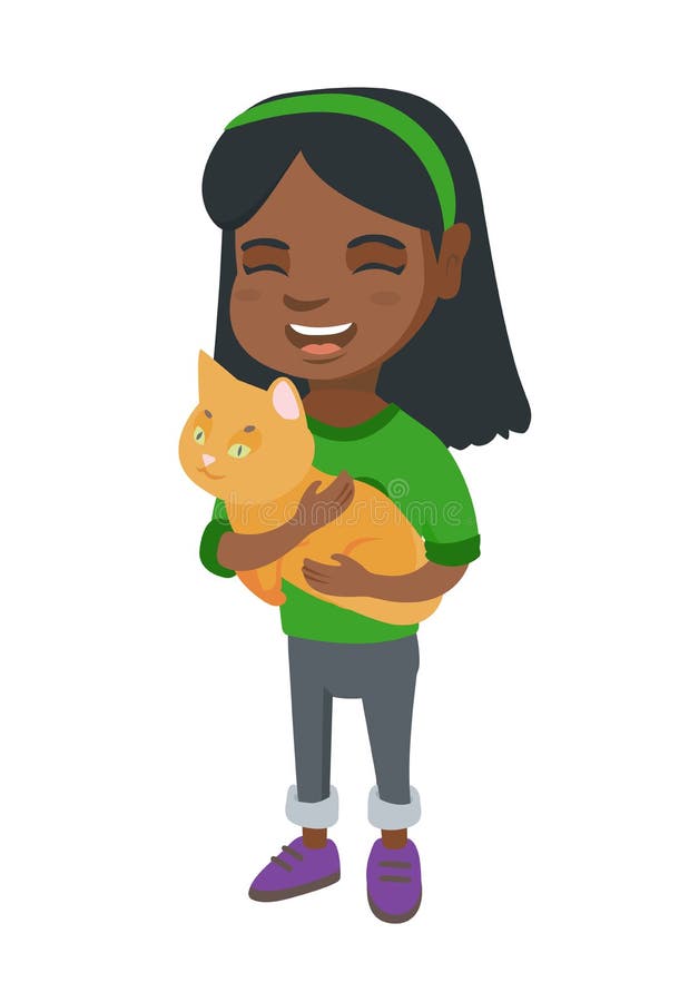 Muchacha feliz afroamericana que sostiene un gato stock de ilustración Muchacha feliz afroamericana que sostiene un gato stock de ilustración