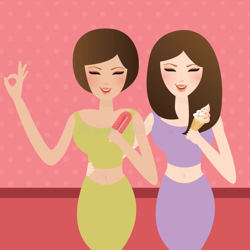 Muchacha femenina de la mujer hermosa dos que come el cono de helado stock de ilustración Muchacha femenina de la mujer hermosa dos que come el cono de helado stock de ilustración