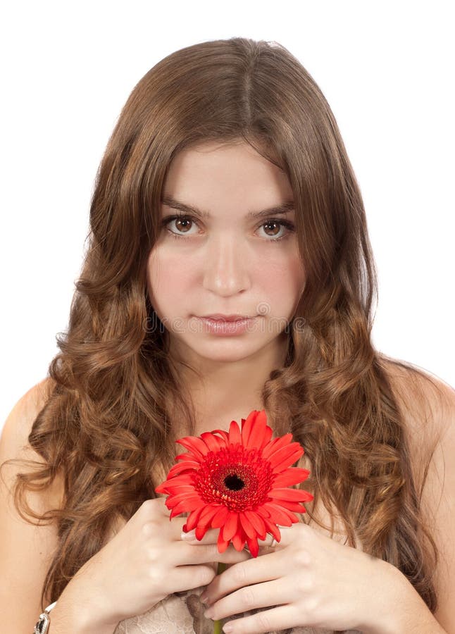 Muchacha hermosa con la flor roja imágenes de archivo libres de regalías Muchacha hermosa con la flor roja imágenes de archivo libres de regalías