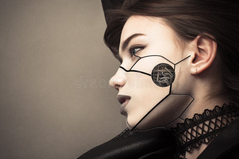 Beautiful profile face cyberpunk girl with fashion makeup isolated on gray background. Beautiful profile face cyberpunk girl with fashion makeup isolated on gray background