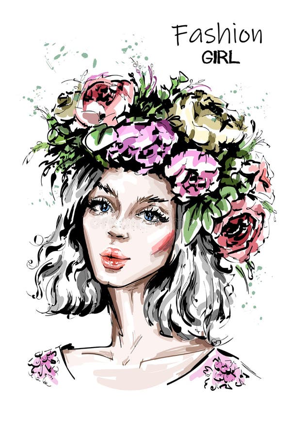 Muchacha hermosa dibujada mano del bosque en guirnalda de la flor La mujer joven parece una dríada de la ninfa Retrato de la muje libre illustration Muchacha hermosa dibujada mano del bosque en guirnalda de la flor La mujer joven parece una dríada de la ninfa Retrato de la muje libre illustration