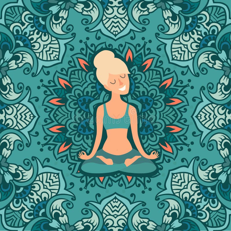 Muchacha hermosa en la posición de loto respecto a la estera para la yoga libre illustration Muchacha hermosa en la posición de loto respecto a la estera para la yoga libre illustration