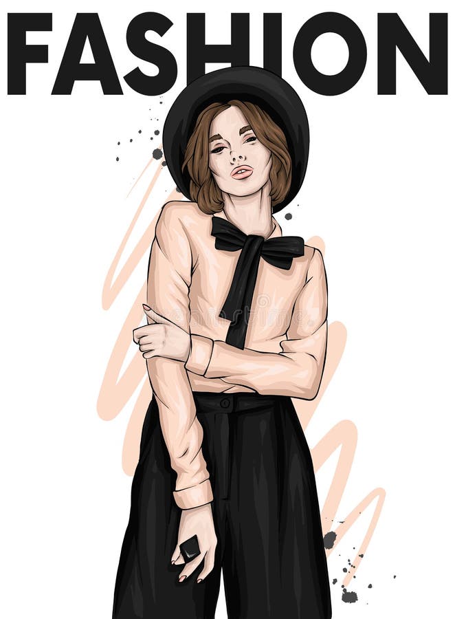 Beautiful girl in a hat, trousers and blouse. Fashion and style, clothing and accessories. Vector illustration for greeting card or poster. Beautiful girl in a hat, trousers and blouse. Fashion and style, clothing and accessories. Vector illustration for greeting card or poster.