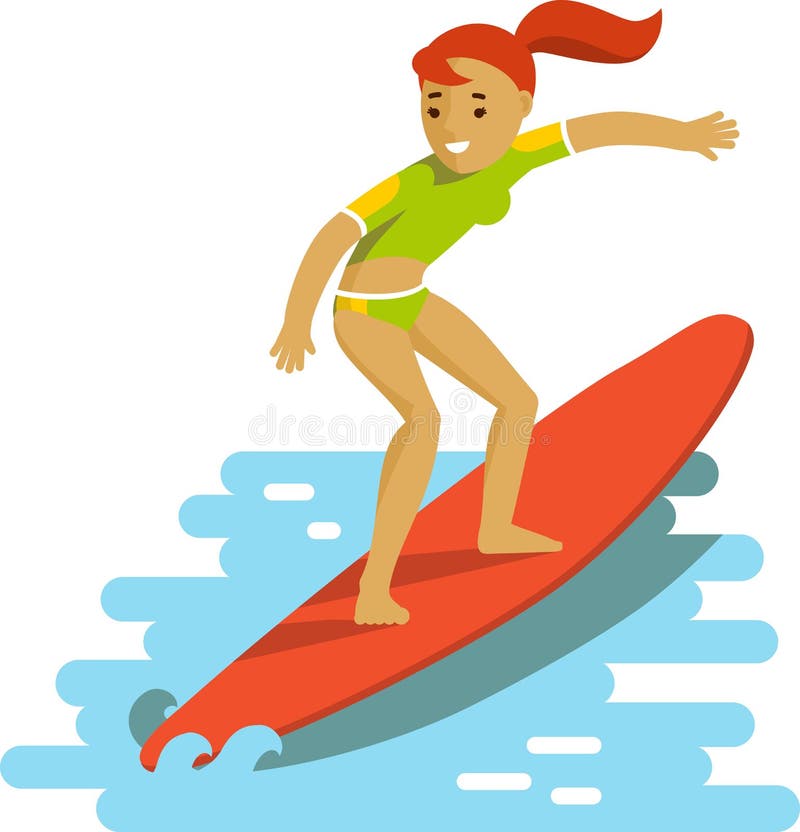 Muchacha joven de la persona que practica surf en la tabla hawaiana que monta la onda libre illustration Muchacha joven de la persona que practica surf en la tabla hawaiana que monta la onda libre illustration