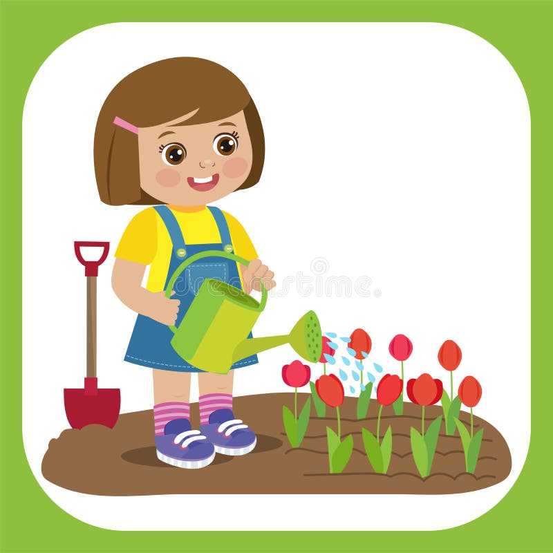 Muchacha linda de la historieta con el funcionamiento de la regadera en jardín Granjero joven Girl Watering Tulip Flowers libre illustration Muchacha linda de la historieta con el funcionamiento de la regadera en jardín Granjero joven Girl Watering Tulip Flowers libre illustration