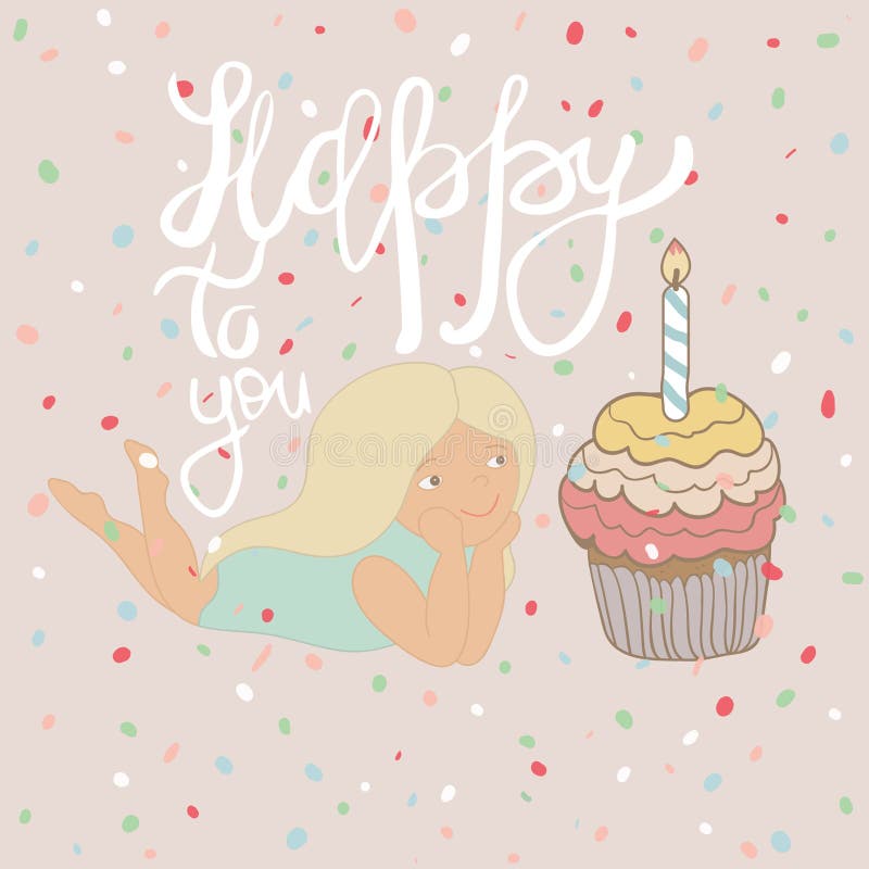 Muchacha linda de la historieta con la magdalena y las letras del cumpleaños - felices a usted Ejemplo a mano del estilo del bosq libre illustration Muchacha linda de la historieta con la magdalena y las letras del cumpleaños - felices a usted Ejemplo a mano del estilo del bosq libre illustration