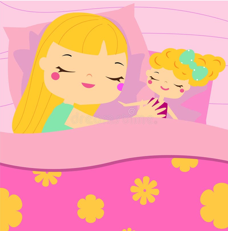 Muchacha linda que duerme con la muñeca Niño de la historieta en la cama que tiene sueños dulces Hora de acostarse del bebé stock de ilustración Muchacha linda que duerme con la muñeca Niño de la historieta en la cama que tiene sueños dulces Hora de acostarse del bebé stock de ilustración