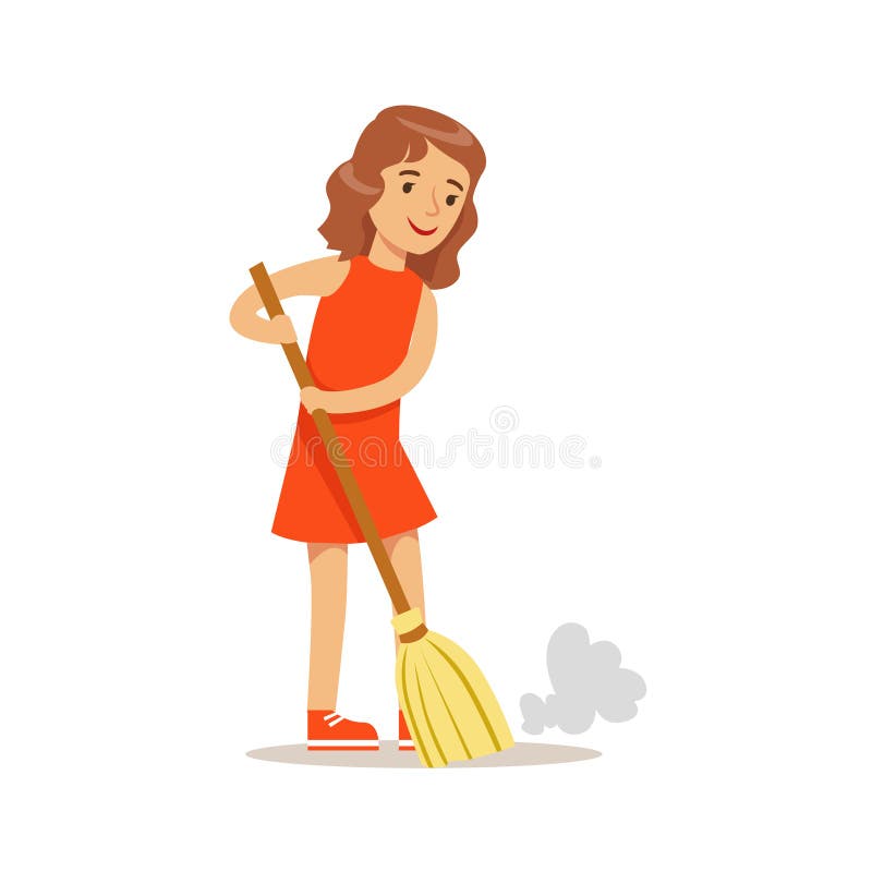 Muchacha que barre el piso con el carácter sonriente del niño de la historieta de la escoba que ayuda con economía doméstica y qu libre illustration Muchacha que barre el piso con el carácter sonriente del niño de la historieta de la escoba que ayuda con economía doméstica y qu libre illustration