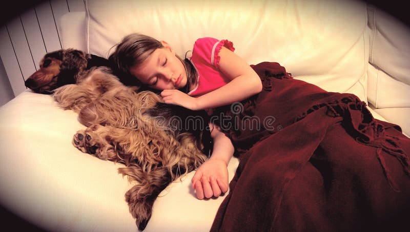 Muchacha que duerme con su perro casero foto de archivo Muchacha que duerme con su perro casero foto de archivo