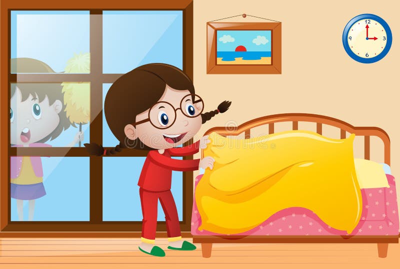 Muchacha que hace la cama y que saca el polvo de la ventana ilustración del vector Muchacha que hace la cama y que saca el polvo de la ventana ilustración del vector
